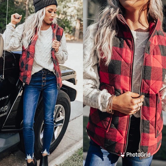 Jackets & Blazers - Women Plaids red black zip front vest jacket